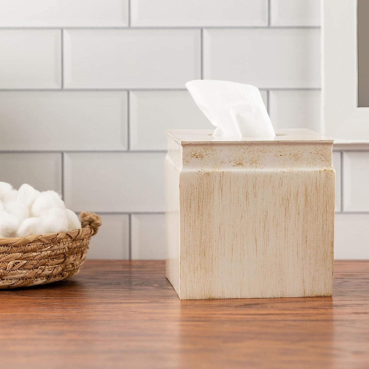 Creative Scents Rustic Luxe Tissue Box Cover Square – Beige Tissue Box Holder Square with Oval Opening for Easy Access - Tissue Holder with Modern Rustic Design Fits Any Farmhouse Bathroom Decor