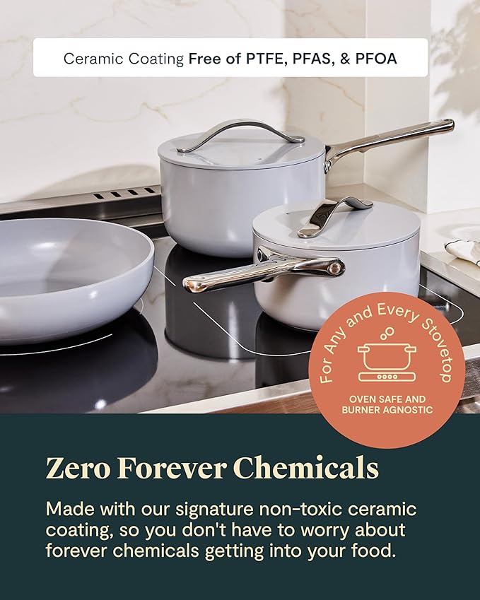 Caraway Non-stick Ceramic Cookware Set (12 Piece) Pots, Pans, Lids and Kitchen Storage - PFAS & PFOA Free - Oven Safe Pan Set & Compatible with All Stovetops - Gray