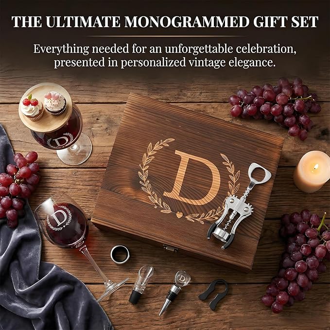 GZLDGIFTS Personalized Initial Wine Glasses Box Gift Set For Women Mom Engraved Birthday Monogrammed Wooden Christmas Gifts Wedding Anniversary Wine Couples Stopper Opener Initial Letterr (S Set)