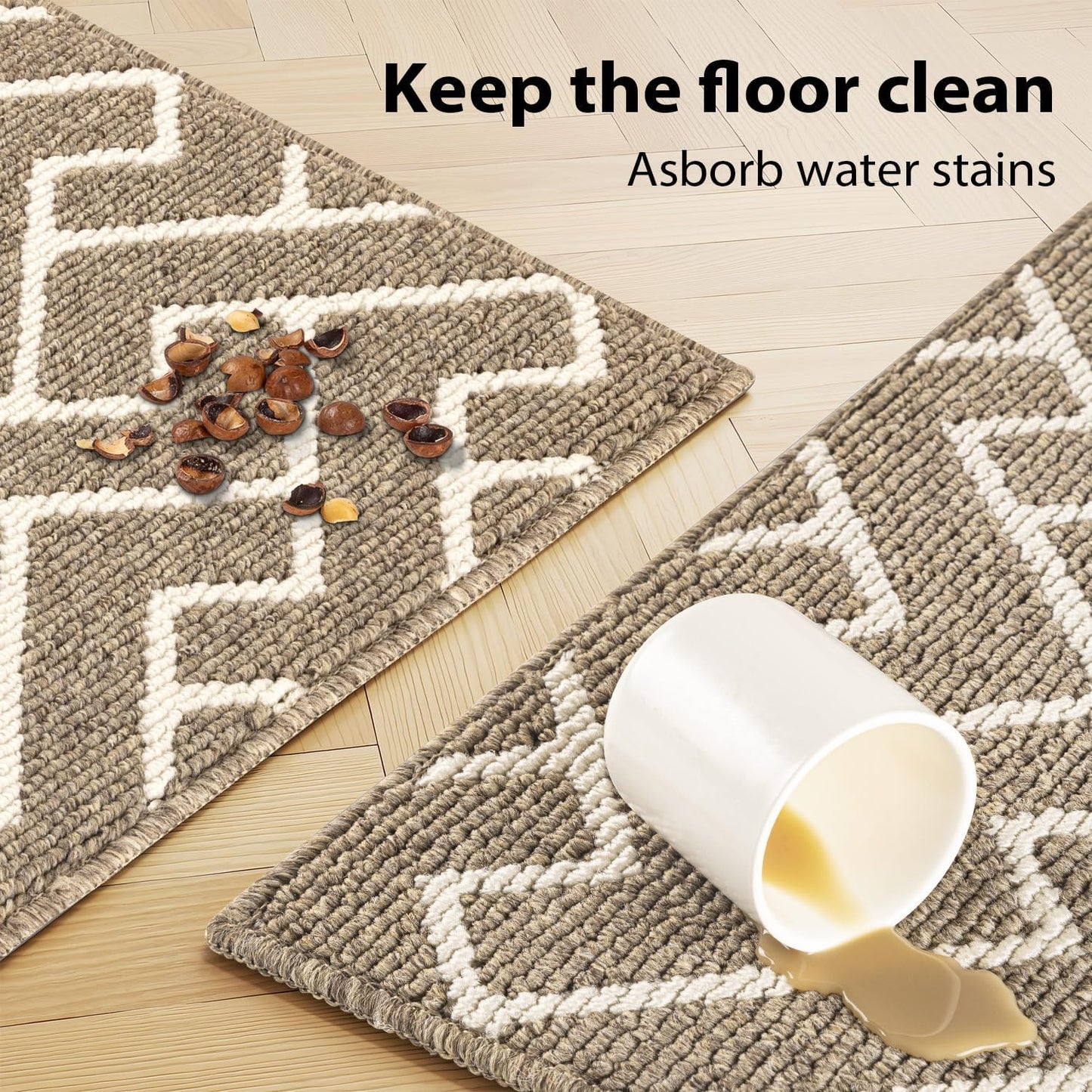 hicorfe Kitchen Rugs and Mats Sets,Non-Slip 2 Pieces Absorbent 100% Polypropylene Rug,Comfort Kitchen Runner Mat,Washable for Kitchen,Sink,Laundry(20" x 31.5" Plus 20" x 48",Beige)
