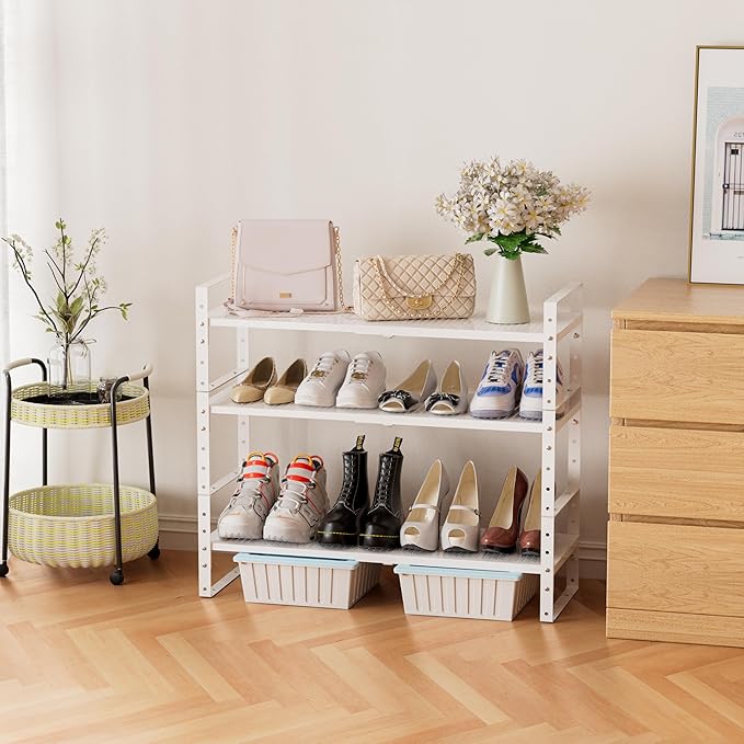 Expandable Stackable Aadjustable Shoe Rack Pantry Shelf for Kitchen Cabinets Counter Shelves Countertop Cupboard Storage Solution,Sturdy Heavy-Duty Metal Construction(3Packs/White/Large)