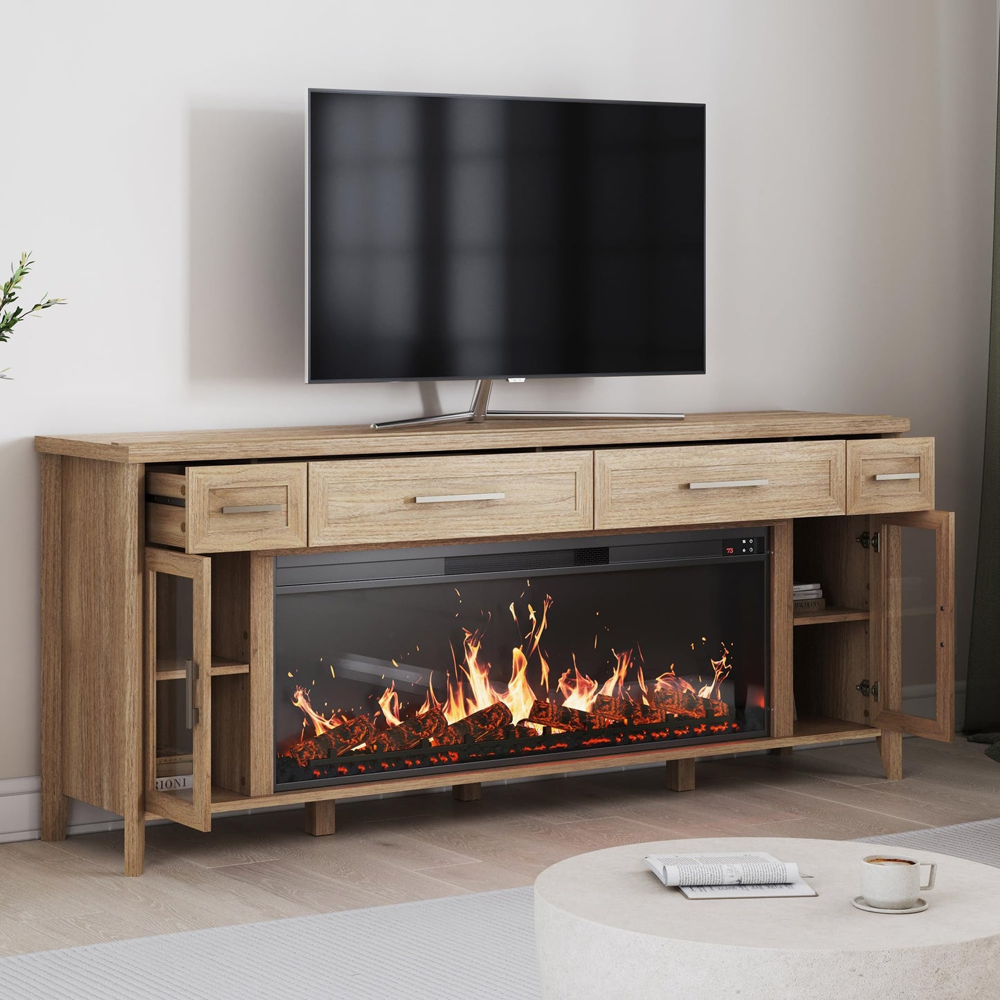 BELLEZE 74 Inch Rustic TV Stand with 48" Electric Fireplace, Extra Large Entertainment Center with Storage Cabinets & 4 Drawers, Media Console Table for Living Room Bedroom (Camel)