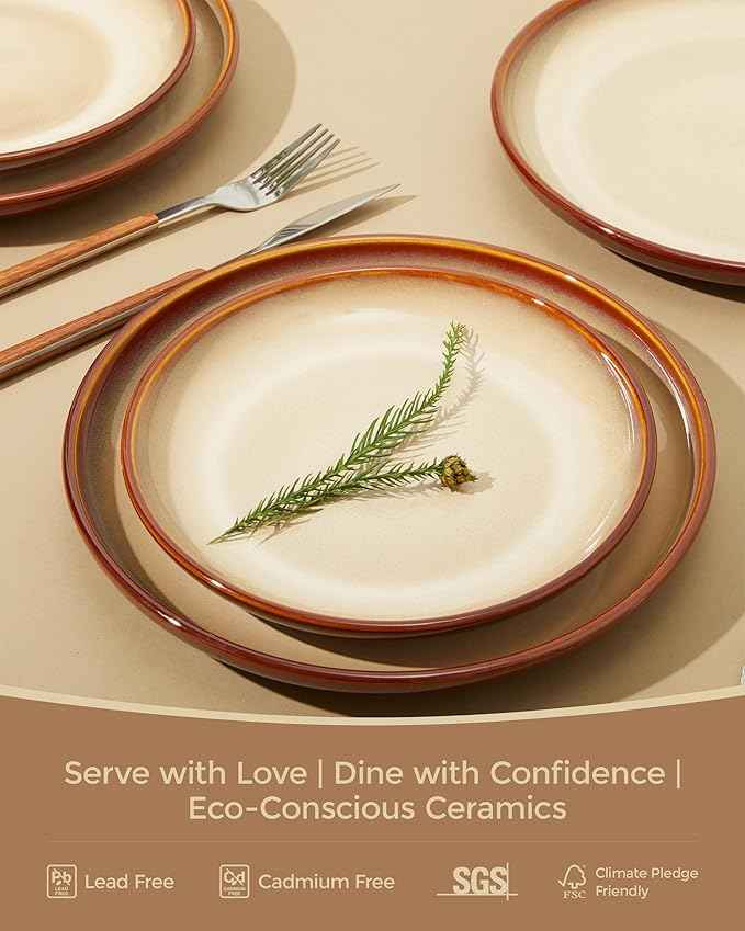 Stoneware Dinnerware Sets, Ceramic Plates and Bowls Set, Microwave & Dishwasher Safe Kitchen Dish Set, Modern Dinner Salad Plates | Cereal Bowls for 4, Dishware Sets Brown Yellow