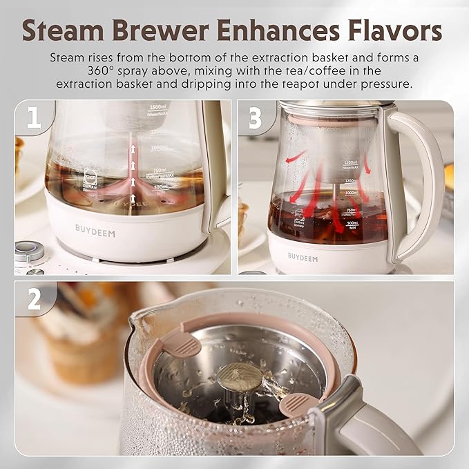 BUYDEEM K156 Tea Maker, Electric Kettle for Coffee and Tea Brewer, 6 Brew Strength Selection for Extracting, 4 Temperature Settings, Boil Dry Protection, 2 Hours Auto Keep Warm, Oat White, 1.5L/1.6QT