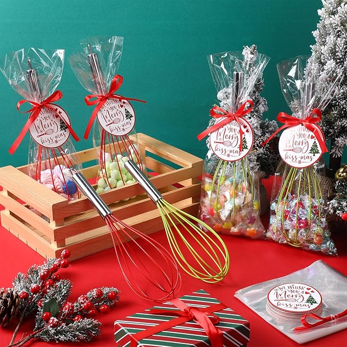 12 Sets 10 Inch Christmas Whisks Gifts DIY Fillable Christmas Tree Ornaments Xmas Colored Silicone Whisks for Cooking Heat Resistant Egg Beaters with Card Rope Bag for Candy Holder