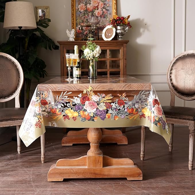 Clear Table Cover Protector Vinyl PVC Rectangle Table Cloth with Floral Fruit Pattern Oil Spill Proof Plastic Tablecloths for Dining Tables Parties Holidays (Floral Fruit, 55 x 84 Inches)