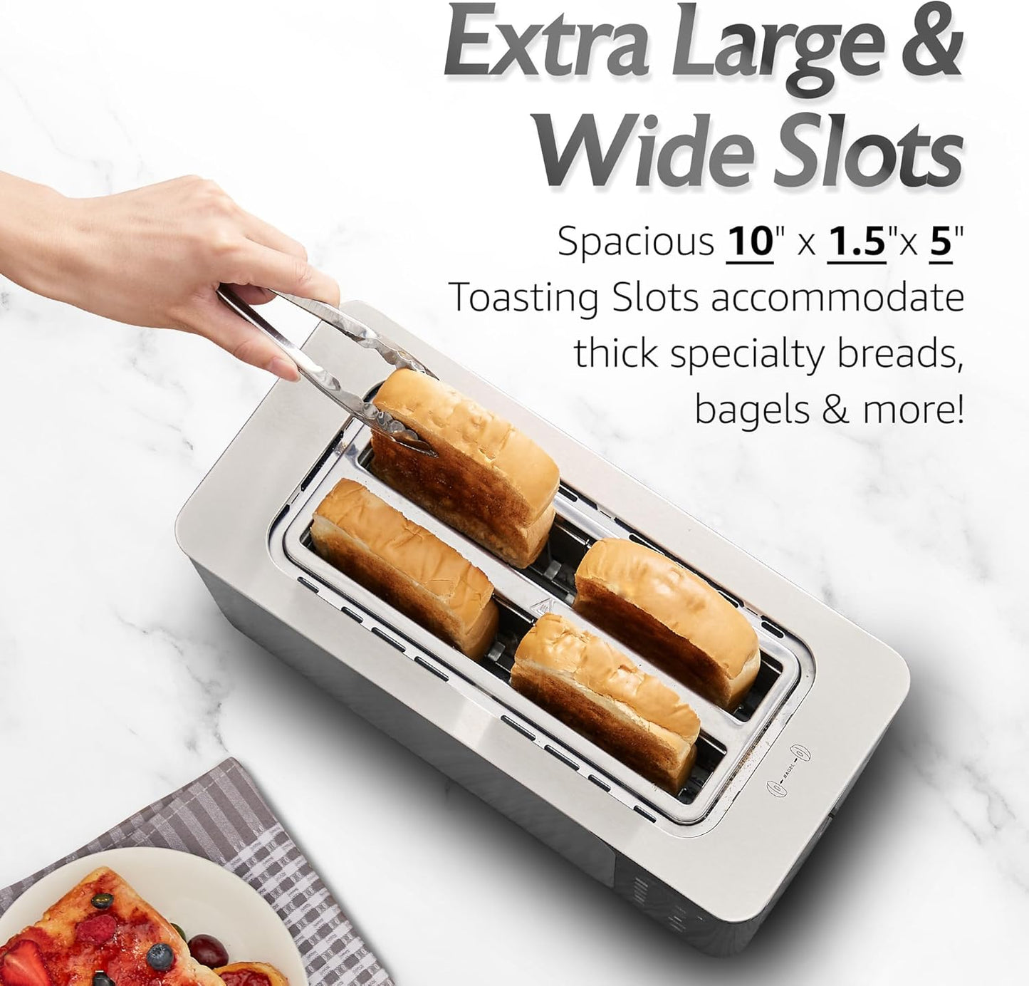 Elite Gourmet ECT5924D SmartToast Digital Long Slot 4 Slice Toaster, 1.5” Wide Slots for Thick Breads & Bagel Function, LED Touch Screen, Countdown Timer, 6 Shades, Stainless Steel