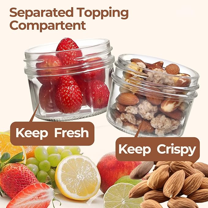 ComSaf Overnight Oats Containers with Lids (8oz+4oz, 2Pcs), Glass Yogurt Parfait Cups for Cereal Nut Fruit, Dual-Layer Chia Pudding Jars Reusable, Small Mason Jars for Salad, Meal Prep, Snack, Oatmeal