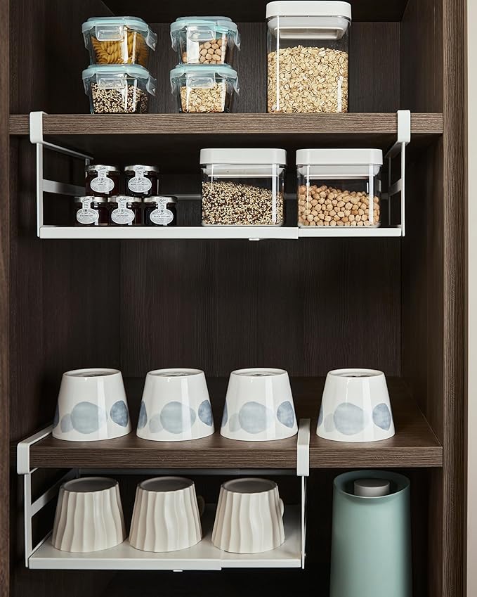 Under Shelf Storage Basket, 2 Pack Heavy-Duty Hanging Baskets Under Cabinet Shelf Organizer, Add-on Space Saver Kitchen, Pantry, Laundry Room, Slide-in White Large Shallow Depth Large