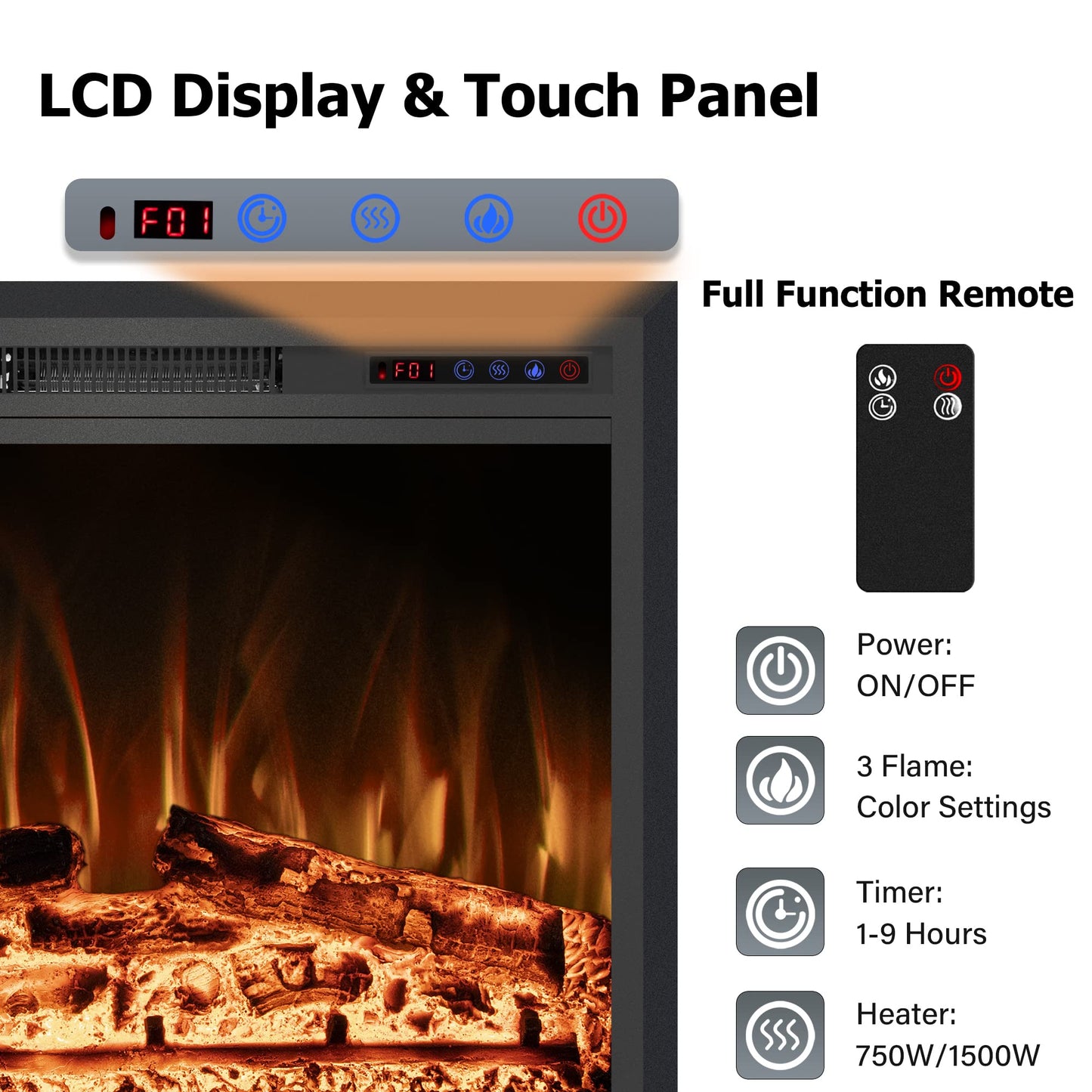 Rodalflame 40" Width Electric Fireplace Inserts with Adjustable Flame Colors, Fireplace Heater with Touch Screen & Remote Control, Recessed in Wall, 750/1500W, Timer