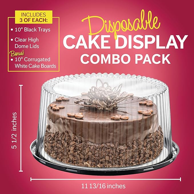 10-11" Plastic Disposable Cake Containers Carriers with Dome Lids and Cake Boards | 3 Round Cake Carriers for Transport | Clear Bundt Cake Boxes/Cover | 2-3 Layer Cake Holder Display Containers