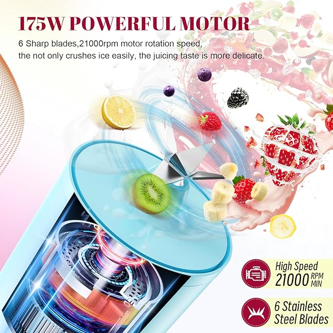 Portable Personal Blender 17 OZ/500 ML Juicer, 175W Personal Size Blender, Ideal for Smoothies, Ice Blending, Juicing, and Food Processing, Compact, Convenient, and Versatile (Blue)