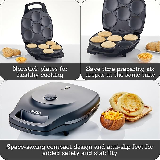 IMUSA 6 Slot Electric Arepa Maker with Temperature Control, Matte Black