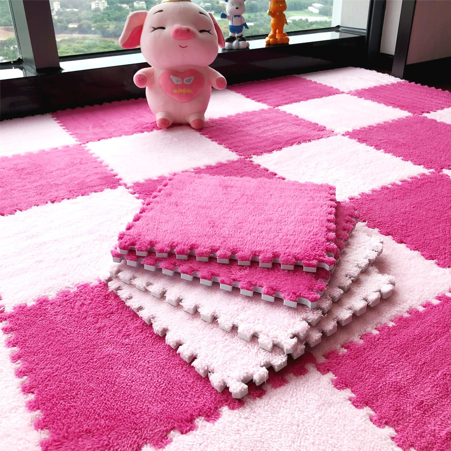 easycustomerlee 12pcs Interlocking Carpet Shaggy Soft EVA Foam Mats Fluffy Rugs Protective Floor Tiles Play Mats for Children Kids Room Home Parlor Bedroom(Rose)