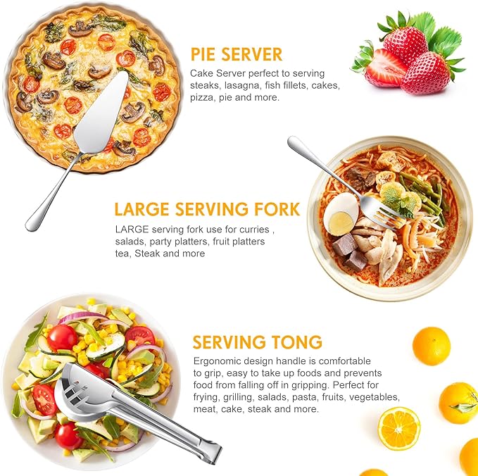 Patelai Serving Utensils Set Include Stainless Steel Large Spoons Slotted Spoons Forks Tongs Soup Ladle and Pie Server for Parties Buffet Catering, Dishwasher Safe(Silver,15 Pieces)