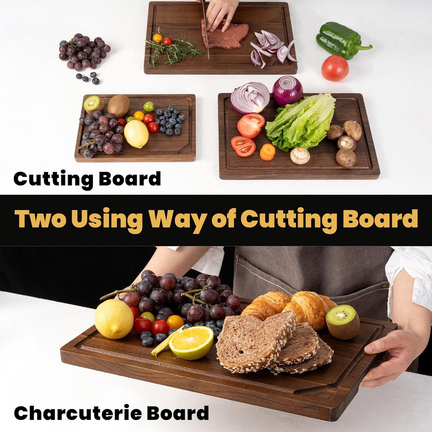 Heimlove Walnut Wood Cutting Board for Kitchen, 15x10 American Walnut Cutting Board Reversible Wooden Chopping Board With Juice Grooves and Handles, Ideal Gift for Valentine's Day, Wedding(Gift Box)