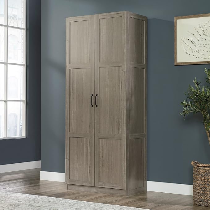 Sauder Select Storage Cabinet, Pantry Cabinet Kitchen Storage with Adjustable Shelves, Bathroom Storage Cabinet, in Silver Sycamore