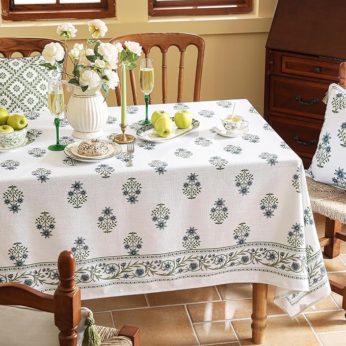 ISAENNE Designer White Linen Extra Long Rectangle Tablecloth,Chinoiserie Floral Elegant Indoor Table Cloth,Fall Stain Proof Decor Tablecloths for Dining Thanksgiving Kitchen,63"*110"-Mosella F