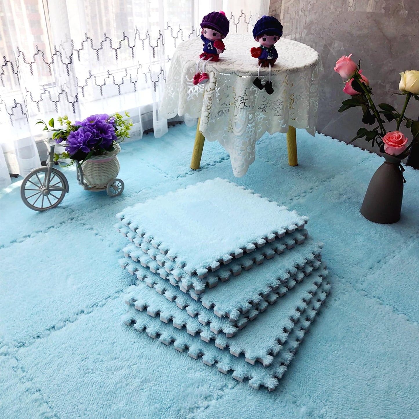 easycustomerlee 12pcs Interlocking Carpet Shaggy Soft EVA Foam Mats Fluffy Rugs Protective Floor Tiles Play Mats for Children Kids Room Home Parlor Bedroom(Lightblue)