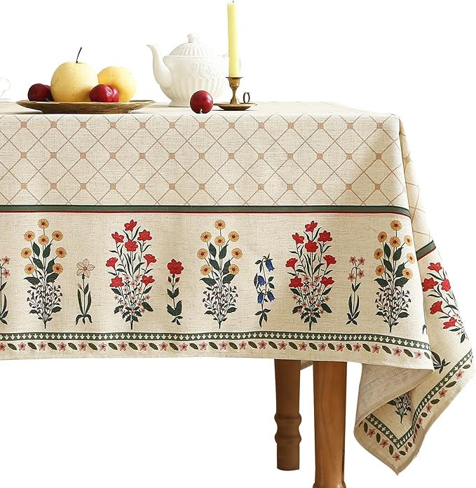 ISAENNE Designer Vintage Linen Floral Long Rectangle Tablecloth,Fall Colorful Modern Table Cloth,Anti-Wrinkle Decor Tablecloths for Dining Thanksgiving Kitchen Christmas,63"*94"-Bertina E