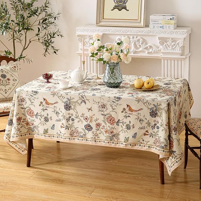 ISAENNE Designer French Light Beige Square Tablecloth,Linen Florals and Birds Pattern Table Cloth,Anti-Wrinkle Decorative Tablecloths for Dining Thanksgiving Kitchen Party,67"*67"-Cornucopia