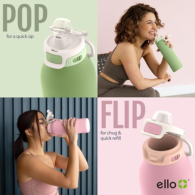 Ello Pop & Fill 22oz Stainless Steel Water Bottle with QuickFill Technology, Double Walled and Vacuum Insulated Metal, Leak Proof Locking Lid, Straw and Chug, Reusable, BPA Free, Pink Gingham