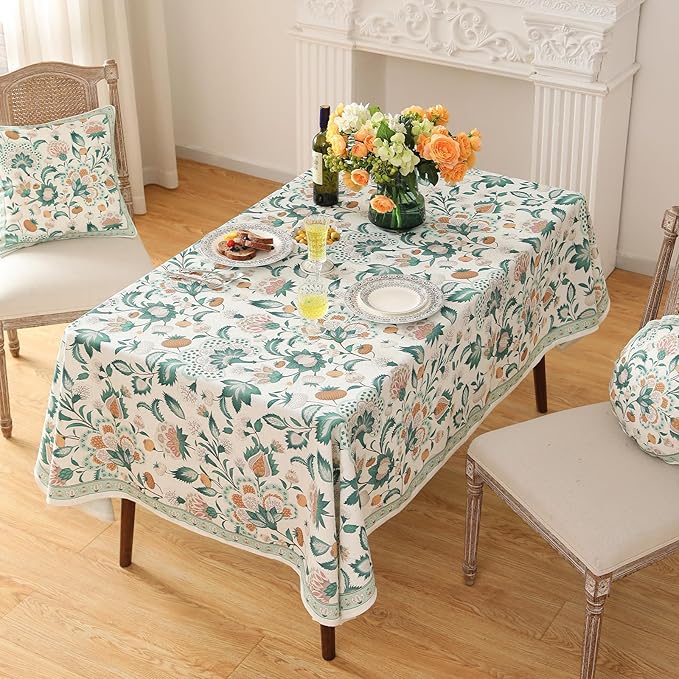 patdrea Designer Green Long Rectangle Table Cloth,Vintage Italian Floral Country Linen Breathable Tablecloth,Decor Cover for Kitchen Dining,Christmas,Tea Party,Thanksgiving,63"x102"-Tree Life