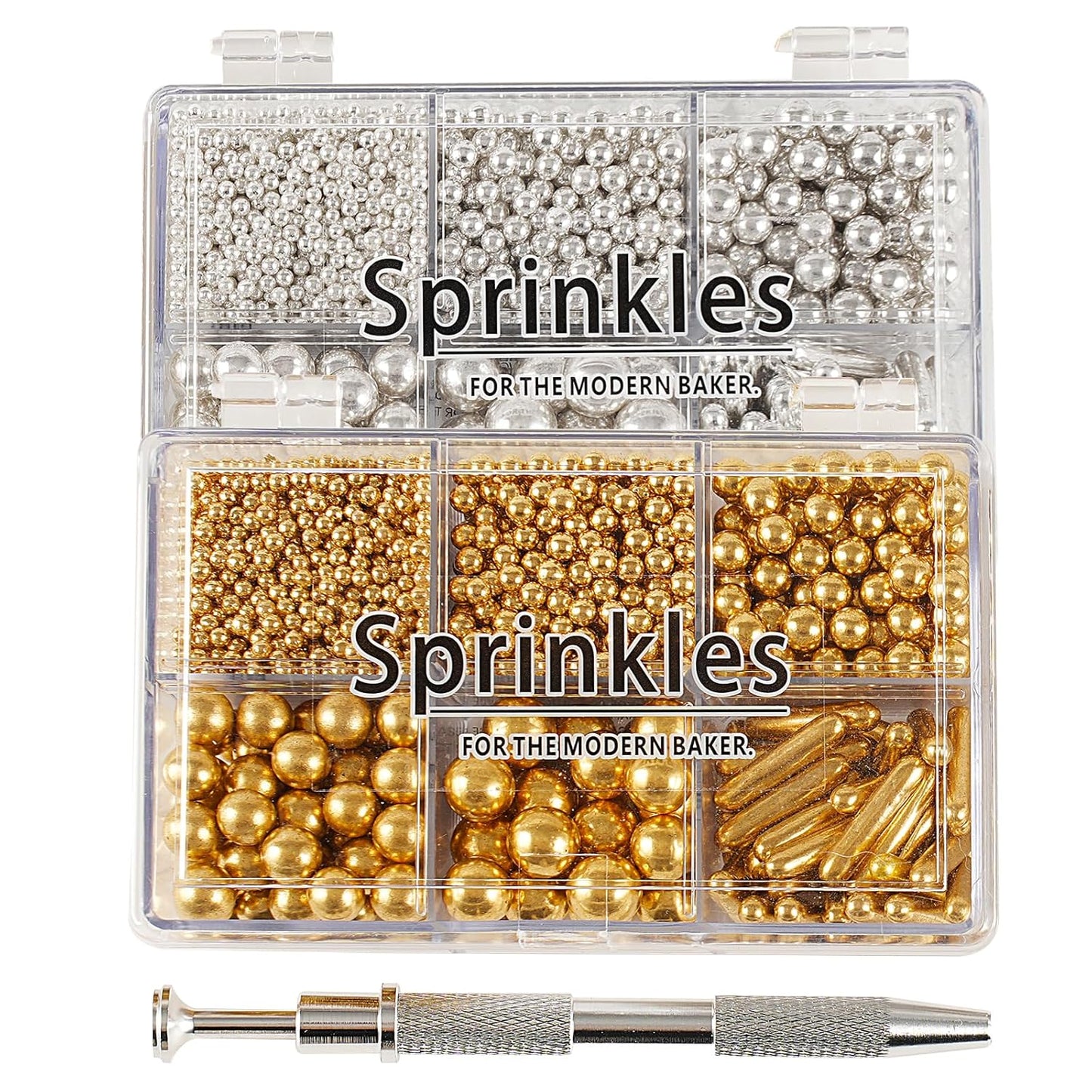 Kasvan Gold and Silver Sugar Sprinkles - Edible Candy Pearls with 4-Claw Sprinkle Pen,8.32Oz, Gift Box Pack, Baking Cake Decorations, Ice Cream Toppings and Cookie Decorating, Wedding Party Chirstmas Supplies