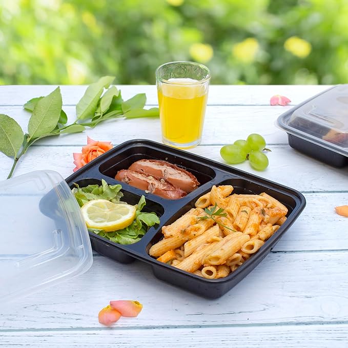 GUSTO [24 oz - 50 Count 3-Compartment Meal Prep Containers with Lids – Reusable, Microwaveable, Dishwasher & Freezer Safe, BPA-Free Food Storage Boxes for Portion Control (Formerly Comfy Package)