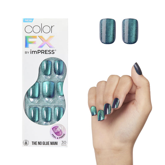 KISS imPRESS No Glue Mani Press-On Nails, Color FX, 'Better Things', Dark Green, Short Size, Squoval Shape, Includes 30 Nails, Prep Pad, Instructions Sheet, 1 Manicure Stick, 1 Mini File