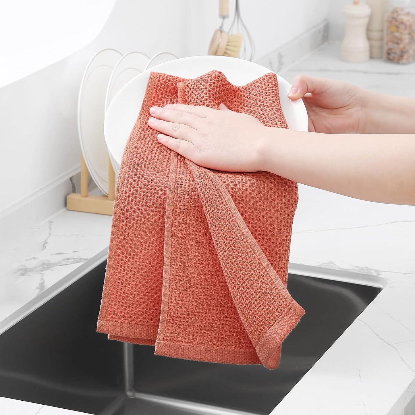 Homaxy 100% Cotton Waffle Weave Kitchen Dish Towels, Ultra Soft Absorbent Quick Drying Cleaning Towel, 13 x 28 Inches, 6-Pack, Coral