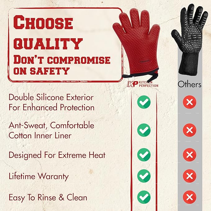 KITCHEN PERFECTION Silicone Oven & Griddle Gloves -Extreme Heat Resistant BBQ & Grilling Gloves -Handle Hot Food Right on Your Griddle |Waterproof Oven Mitts Grill Gloves |Superior Set+3 Bonuses