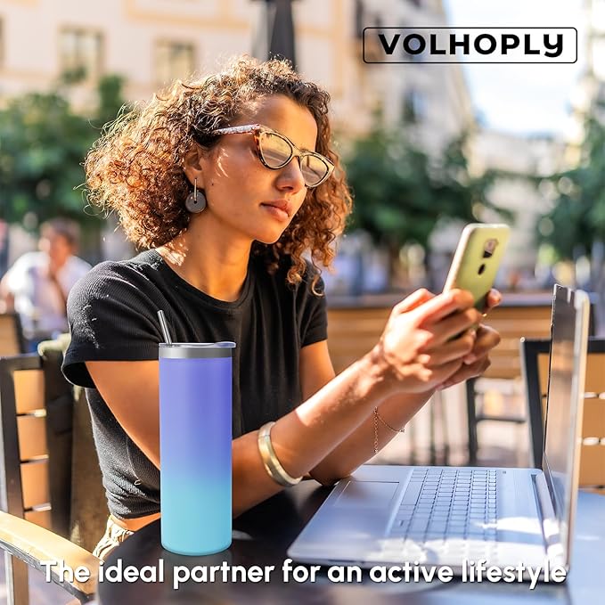 Volhoply 8 Pack Skinny Tumblers with Lid and Straw, 20oz Stainless Steel Straight Tumbler Bulk, Vacuum Insulated Coffee Mug for Home, Office, Travel, DIY (Purple Bule,8 Pack)