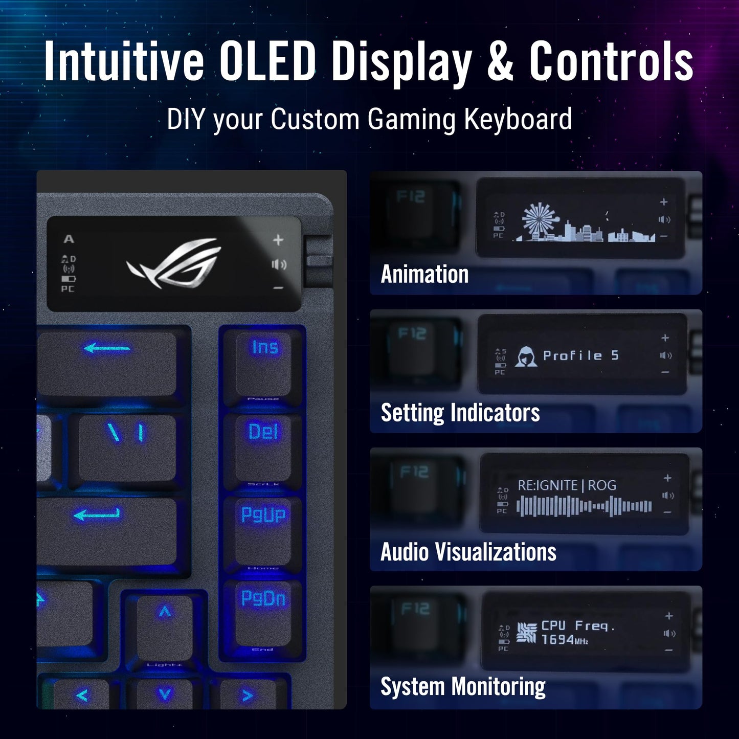 ASUS ROG Azoth 75% Wireless DIY Custom Gaming Keyboard, OLED Display, Gasket-Mount, Three-Layer Dampening, Hot-Swappable Pre-lubed NX Brown Switches & Keyboard Stabilizers, ABS Keycaps, RGB-Black