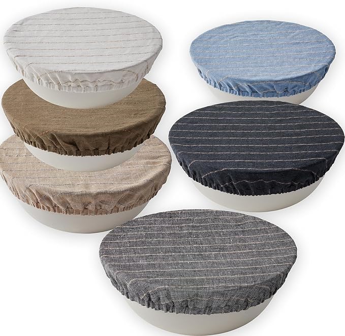 100% Pure Linen Bowl Covers For Bread Proofing, 4 Pcs Elastic Reusable Bowl Covers Large Ticking Striped Cloth Fabric Stretch Sourdough Lids, 6 * 8 * 10 * 12 Inches- Black