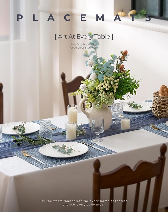 Leetaltree Deep Navy Woven Placemats Set of 6 - Heat Resistant Non-Slip Place mats for Dining Table, Washable Durable PVC Vinyl Woven Table Mats(Deep Navy, 6)