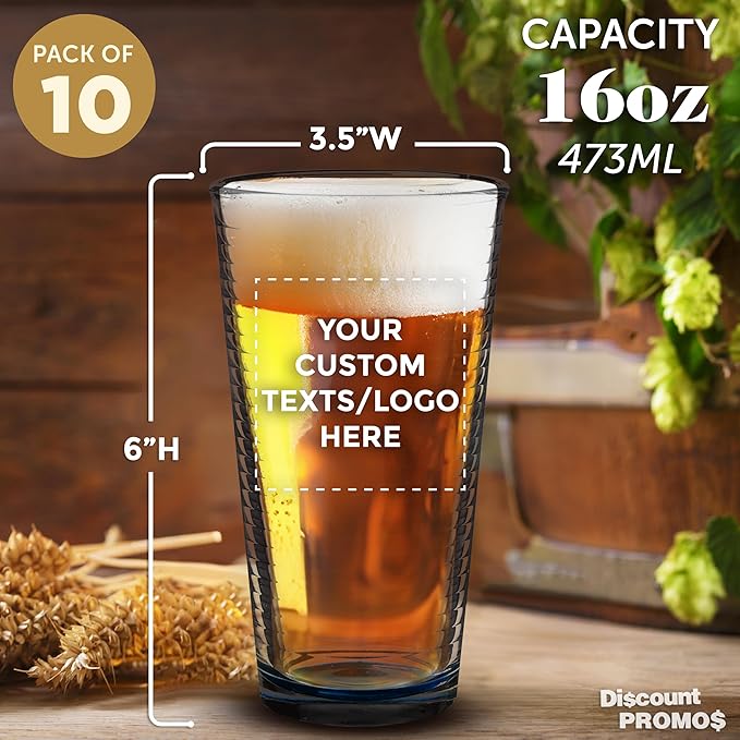 Custom Spiral Pint Glass 16 oz. Set of 10, Personalized Bulk Pack - Beer Glasses, Heavy Duty Drinkware - Blue