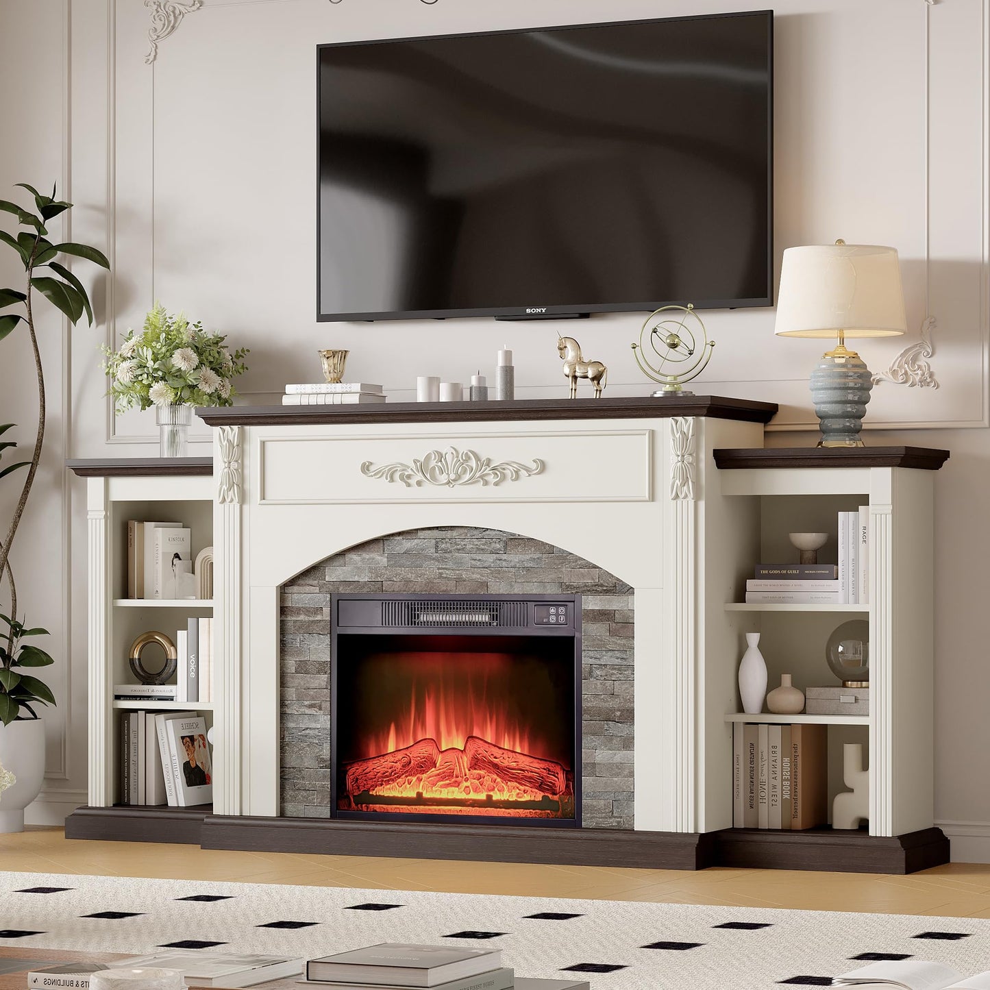 72" Electric Fireplace with Mantel, White TV Stand for TVs Up to 80 Inch, Farmhouse Entertainment Center with Storage for Bedroom,23'' Fireplace Insert Heater for Living Room