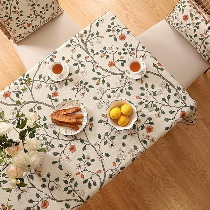 ISAENNE Designer Floral Extra Long Rectangle Tablecloth,French Linen Light Beige Indoor Table Cloth,Fall Wrinkle Resistant Decor Tablecloths for Dining Thanksgiving Kitchen,63"*110"-Flora A