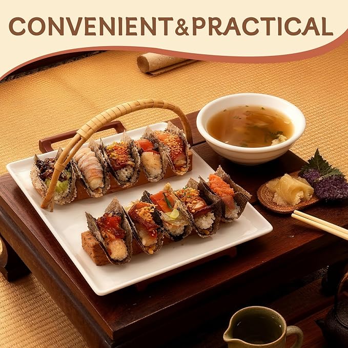 Wooden Taco Holder Stand for Sushi Hand Roll, Temaki & Sushi Roll – 1/2/3/5 Slot Sushi Display Tray, Natural Wood Serving Platter (10 pcs per Pack) (3 Slots (10 pcs))