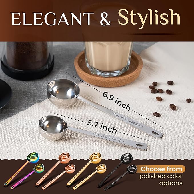 Orblue Premium Coffee Scoop Set - 1 Tbsp (15ml) & 2 Tbsp (30ml) Measuring Tablespoon - Stainless Steel Coffee Measuring Spoon and Scooper with Long Handles - Pack of 2