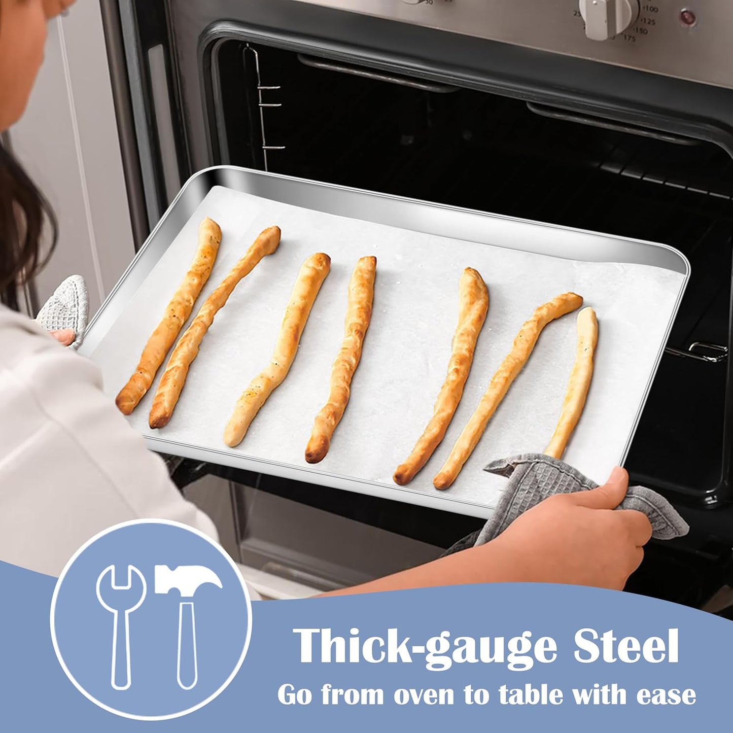 E-far Stainless Steel Baking Sheets Set of 3, 12.4” x9.7” Baking Cookie Sheets Pans for Oven, Non-toxic Metal Trays for Cake Cookies, Healthy & Rust Free, Mirror Finish & Dishwasher Safe