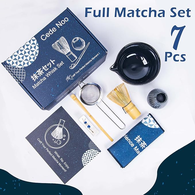 Matcha Whisk Set, Ceramic Matcha Bowl with Spout, Bamboo Whisk, Scoop, Ceramic Holders, Stainless Sifter, Towel, Perfect 7pcs Matcha Starter Kit for Tea Ceremony, Japanese Tea Making Tools (Grey)