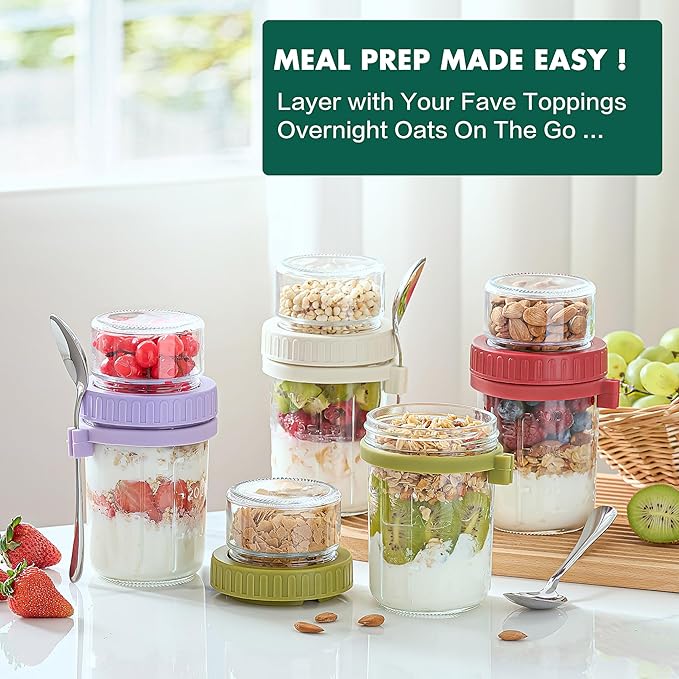 Danmu 2 Pack Overnight Oats Containers with Lids 16 oz,Dual-Layer Yogurt Parfait Cups with Lids,Meal Prep Containers Glass for Snack,Overnight Oats,Yogurt,Parfait,Salad Dishwasher Safe