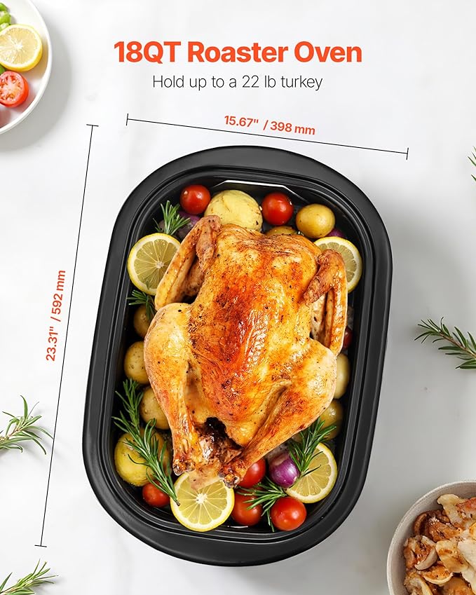 VEVOR Roaster Oven, 18QT Electric Roaster Oven, 150-450℉ Adjustable Temperature Electric Roasting Pan with Self-Basting Lid, Cool-Touch Handle, Defrost & Warm Function, Stainless Steel Turkey Ovens
