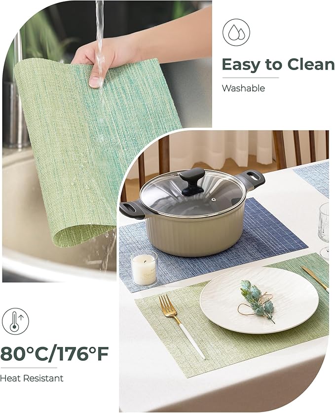 Leetaltree Gradient Green Woven Placemats Set of 6 - Heat Resistant Non-Slip Place mats for Dining Table, Washable Durable PVC Vinyl Woven Table Mats(Gradient Green, 6)
