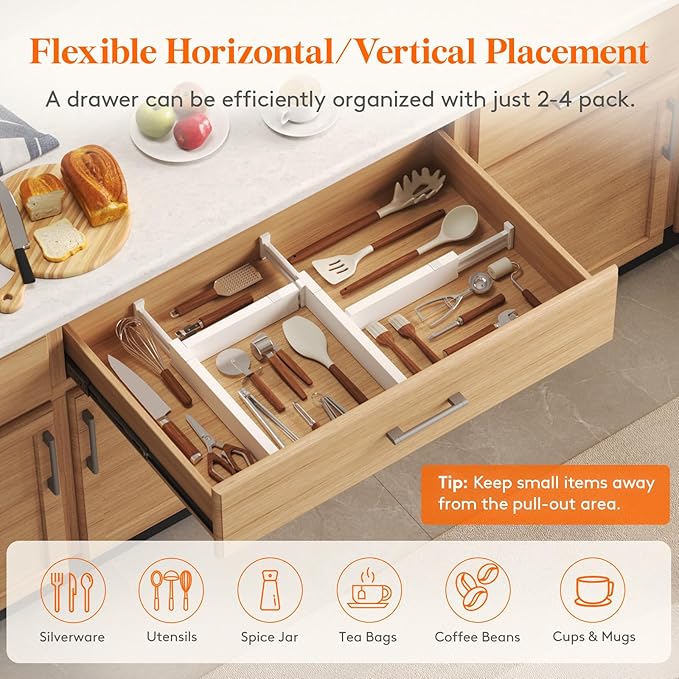 Lifewit 12 Pack 2.36" High Drawer Dividers 28-43.5cm/11-17" Adjustable Drawer Organizer for Clothes/Utensils, Expandable Drawer Separator in Dresser/Kitchen/Bedroom/Office Organization & Storage White