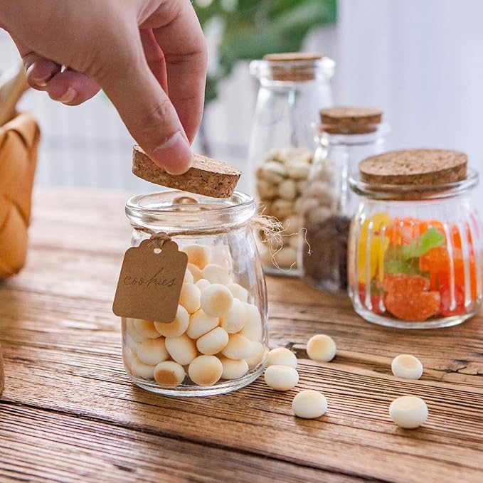 Glass Mini Yogurt Jars 40 Pack, 7 oz Favor Jars With Cork Lids, Pudding Containers, Mason Wedding Favors Honey Pot With Label Tags and String