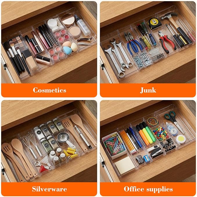 Briwooody 2 Pcs Large Expandable Acrylic Drawer Organizers, Grid Adjustable Drawer, Dividers Organizer for Desk, Makeup, Jewelry, Office, Kitchen Supplies (Transparent,11 Compartments)