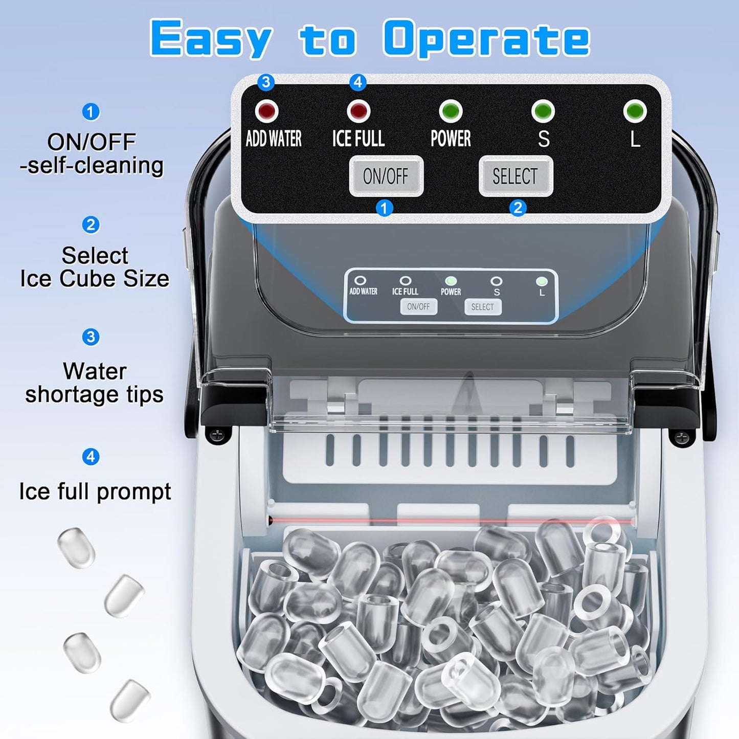 Countertop Ice Maker 26lbs/24H Portable Ice Machine with 2 Sizes of Ice Cubes, 9 Ice Cubes in 8 Mins, Stainless Steel Design Ice Scoop & Basket Included Self-Cleaning for Home, Kitchen, Bar, RV
